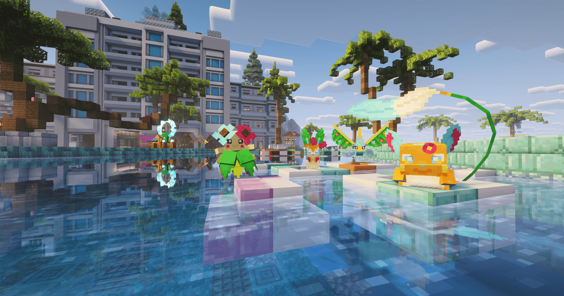 Cobblemon gathered around a reflective pool at the Complex Gaming city spawn