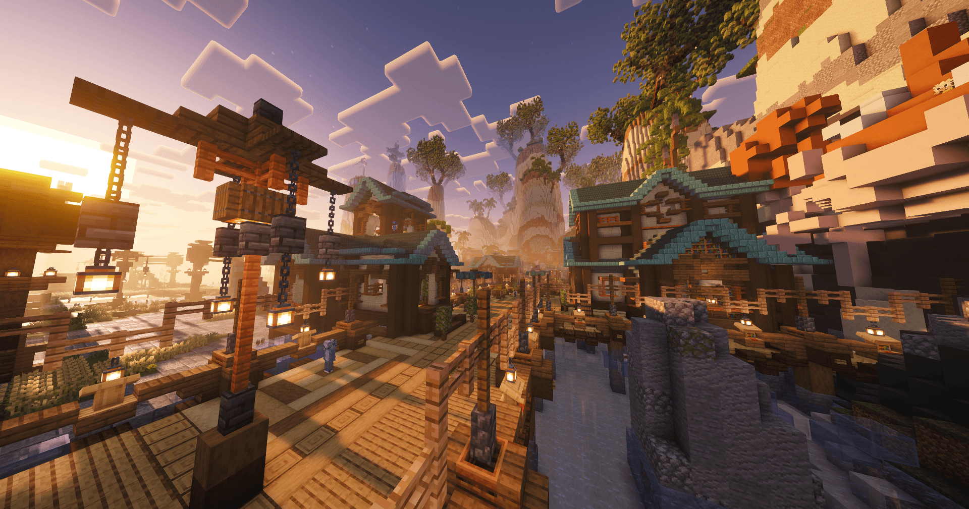 The lantern-lit Complex Gaming harbour at sunset
