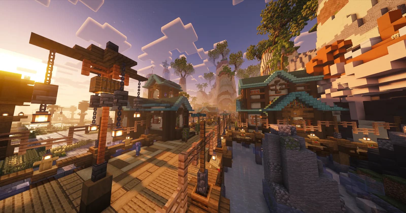The lantern-lit Complex Gaming harbour at sunset